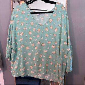 love, Fire Floral V-Neck Blouse - Mint Green